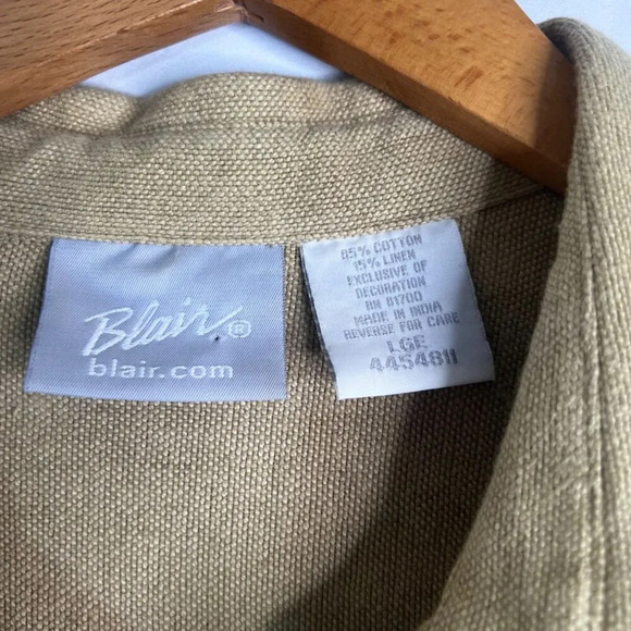 Blair Tan Linen Blend Safari Palm Tree Button Front Long Sleeve Top Size Large - Picture 7 of 9